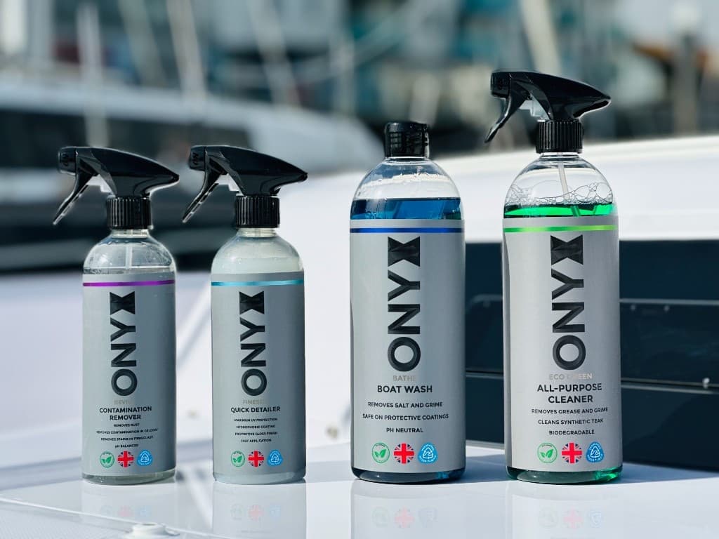 Onyx marine cleaning products on a yacht deck